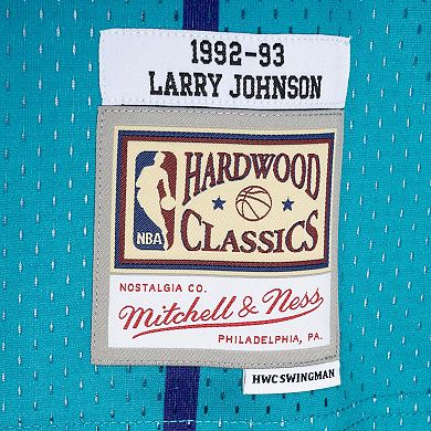 Men's Mitchell & Ness Larry Johnson Teal/Purple Charlotte Hornets Hardwood Classics 1992/93 Split Swingman Jersey
