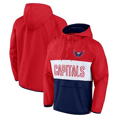 Men's Fanatics Branded Red/Navy Washington Capitals Backhand Shooter Defender Anorak Raglan Hoodie Quarter-Zip Jacket
