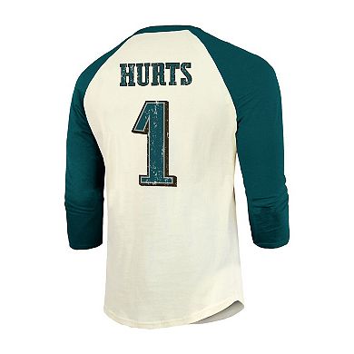 Men's Majestic Threads Jalen Hurts Cream/Midnight Green Philadelphia Eagles Player Name & Number Raglan 3/4-Sleeve T-Shirt