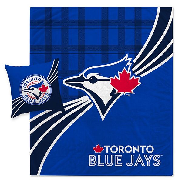 Toronto Blue Jays Plaid Wave Flannel Fleece Blanket & Pillow Combo Set