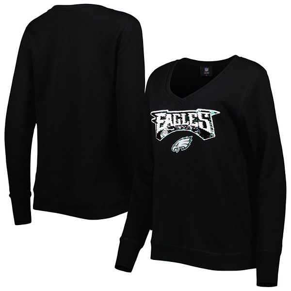 Women's Cuce Black Philadelphia Eagles Sequin Logo V-Neck Pullover