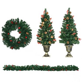 Prelit Holiday Christmas 4 pc Set, Garland Wreath And Set Of 2 Entrance Trees