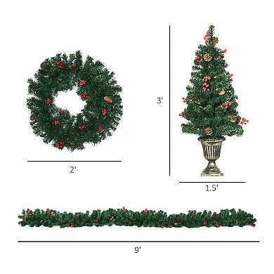 Prelit Holiday Christmas 4 Pc Set, Garland Wreath And Set Of 2 Entrance Trees