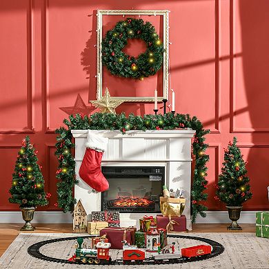 Prelit Holiday Christmas 4 Pc Set, Garland Wreath And Set Of 2 Entrance Trees