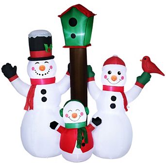 7ft Inflatable Christmas Snowman Family W/ Bird And Birdhouse Led Display Lawn