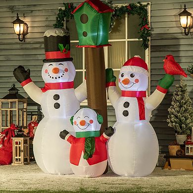 7ft Inflatable Christmas Snowman Family W/ Bird And Birdhouse Led Display Lawn