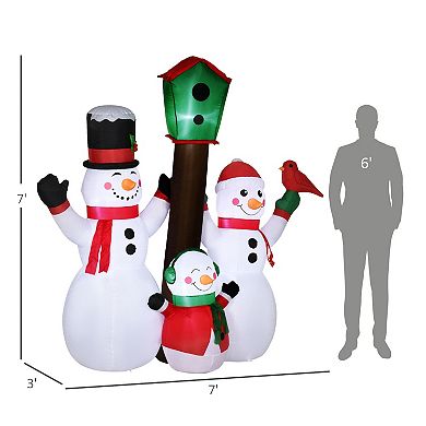 7ft Inflatable Christmas Snowman Family W/ Bird And Birdhouse Led Display Lawn