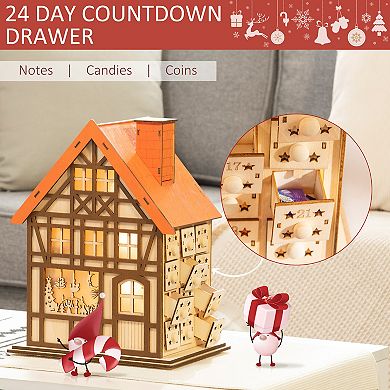 24 Days Countdown To Christmas Advent Calendar,  Wooden House W/ Drawer, Light