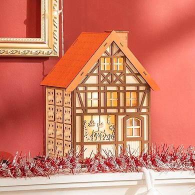 24 Days Countdown To Christmas Advent Calendar,  Wooden House W/ Drawer, Light
