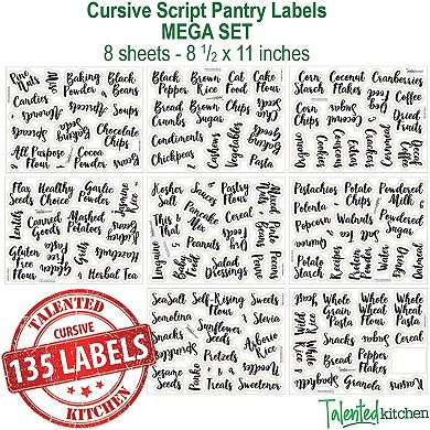 Talented Kitchen 135 Pantry Labels for Containers, Preprinted Black Cursive Food Jar Label Stickers + Numbers for Kitchen Organization and Storage (Water Resistant)