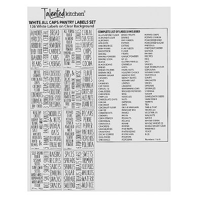 136 Pieces Pantry Labels for Food Containers, Preprinted White All Caps on Clear Stickers for Jars, Kitchen Canisters (Water Resistant)