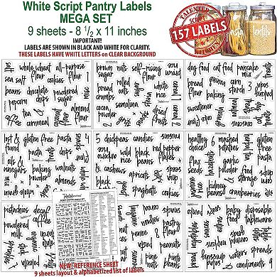Talented Kitchen 157 Labels for Pantry Containers, Preprinted White Script Food Stickers, Names + Numbers for Jars, Kitchen Organization and Storage (Water Resistant)