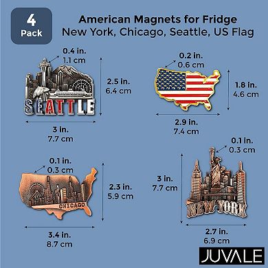 Juvale American Magnets for Fridge - Pack of 4 - New York, Chicago, Seattle, US Flag
