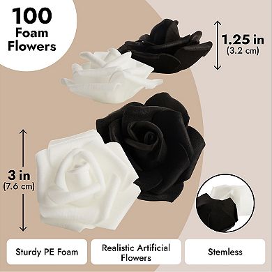 100 Pack Black and White Artificial Flowers, Bulk Stemless Fake Foam Roses, 3 In