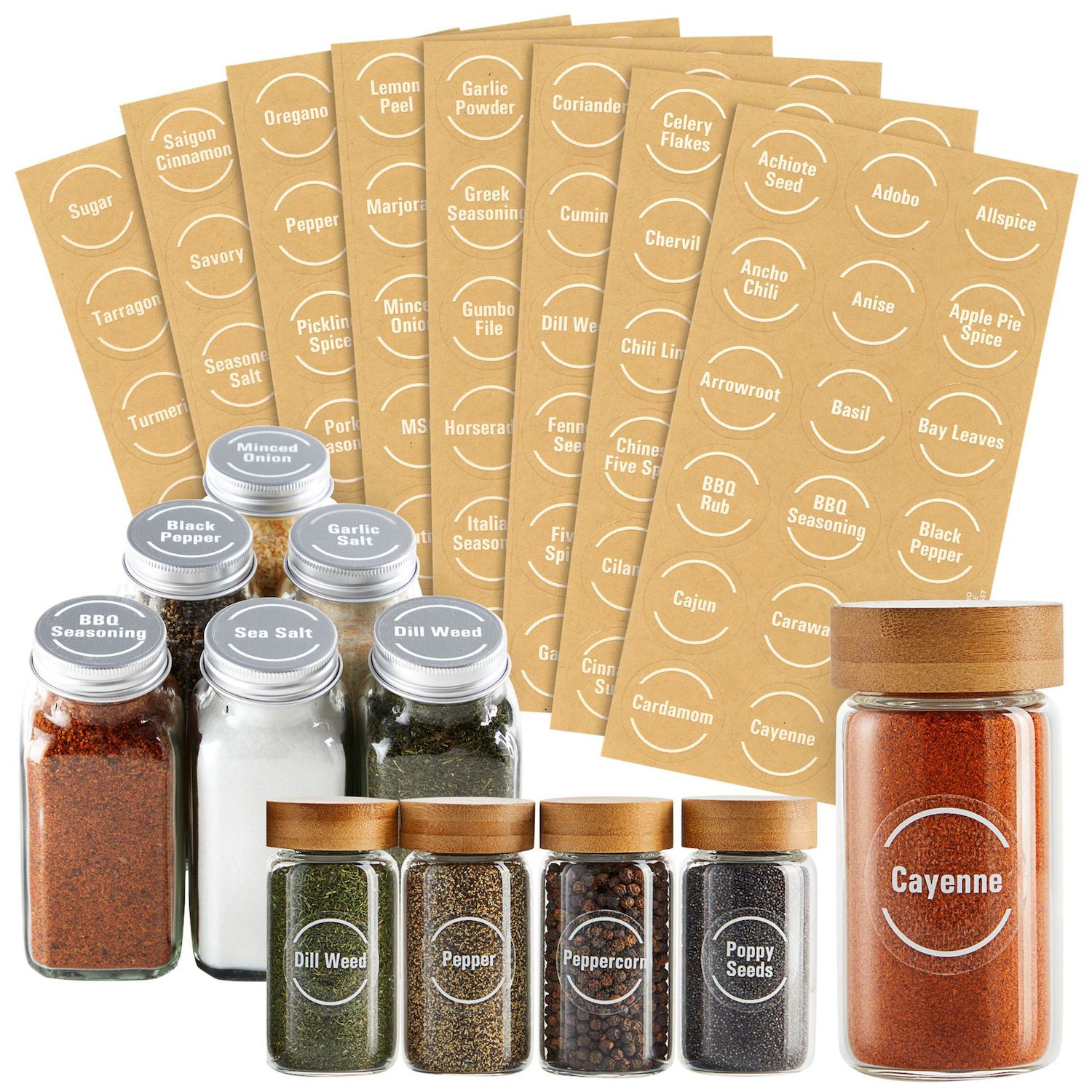 Set of 24 Gold Cap Glass Spice Jars with 284 Labels, 4oz Containers with  Lids