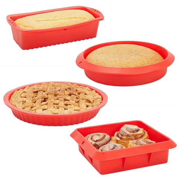 Red Silicone Bakeware 4 Piece Baking Set with Square Brownie Pan, Bread