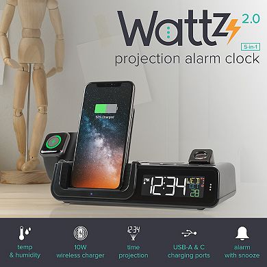 La Crosse Technology C75709 Wattz 2.0 Projection Alarm with 10W Wireless Charging and Docking Station