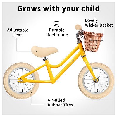 Petimini 12 In Kids Beginner Balance Bike with Basket for 2 6 Year Olds Yellow