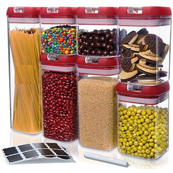 Cheer Collection Set of 7 Airtight Food Storage Containers - Heavy Duty Pantry Organizer Bins, BPA Free Plastic Containers plus Dry Erase Marker and Labels, Red