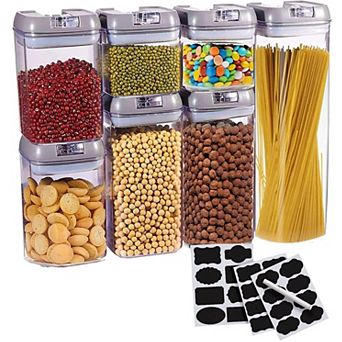 Cheer Collection Set of 7 Airtight Food Storage Containers - Heavy Duty Pantry Organizer Bins, BPA Free Plastic Containers plus Dry Erase Marker and Labels, Gray