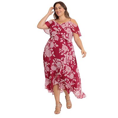 strapless open back dress Chic Pink Red Plus Size Satin Midi Wrap Dress for Women