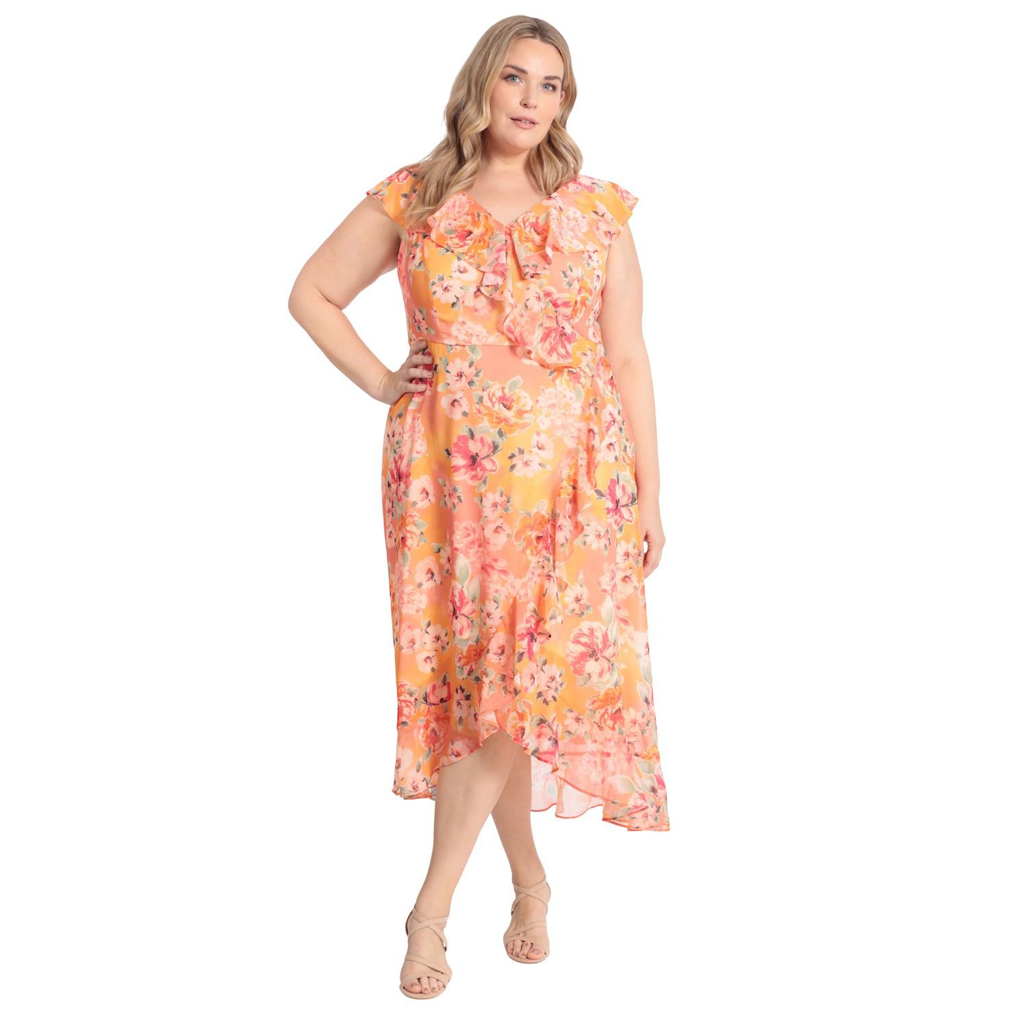 London Times Women's Dresses Chiffon Faux Wrap Ruffle Maxi