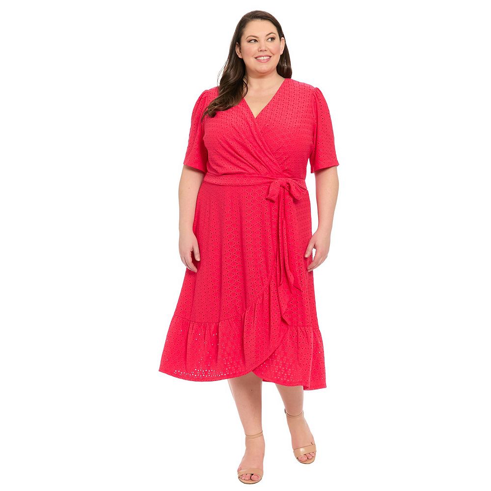 Plus Size London Times Eyelet Ruffle Faux Wrap Dress