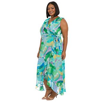 Plus Size London Times Side Tie Ruffle Faux Wrap Dress
