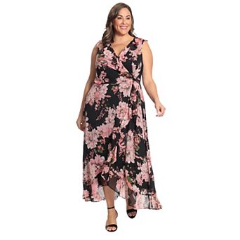 Plus Size London Times Side Tie Ruffle Faux Wrap Dress