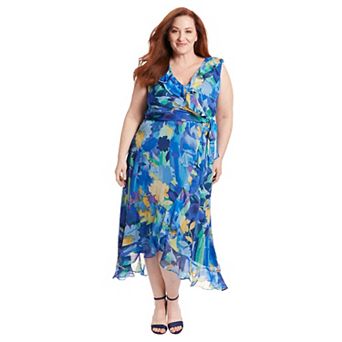 Plus Size London Times Side Tie Ruffle Faux Wrap Dress