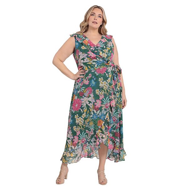 Plus Size London Times Side Tie Ruffle Faux Wrap Dress