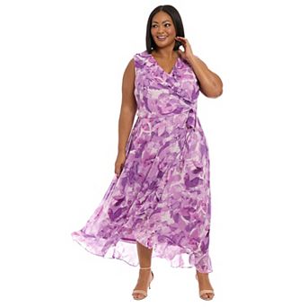 Plus Size London Times Side Tie Ruffle Faux Wrap Dress