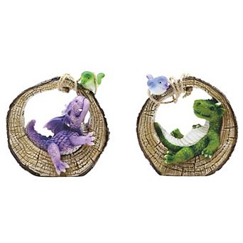 FC Design 2 pc Green and Purple Mini Dragons Lying on Tree Log 6"H Fantasy Decoration Figurine Set Home Room Decor