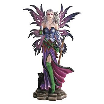 FC Design 13"H Purple Fairy Holding Lantern with Owl and Black Cat Statue Fantasy Decoration Figurine Home Room Decor