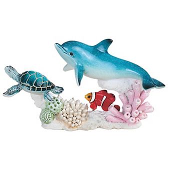 FC Design 8.75"W Sea Turtle, Dolphin, and Clownfish Swimming Around Coral Together Statue Marine Life Decoration Figurine Home Room Decor
