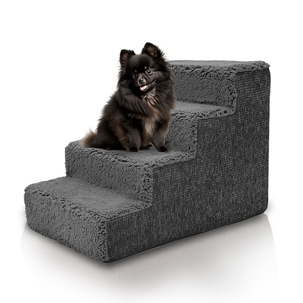 Precious Tails Faux Shearling High Density Foam Top 4-Step Foam Pet Stairs - Gray