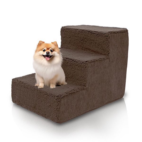 Precious Tails Faux Shearling High Density Foam Top Wide 3-Step Pet Stairs - Brown