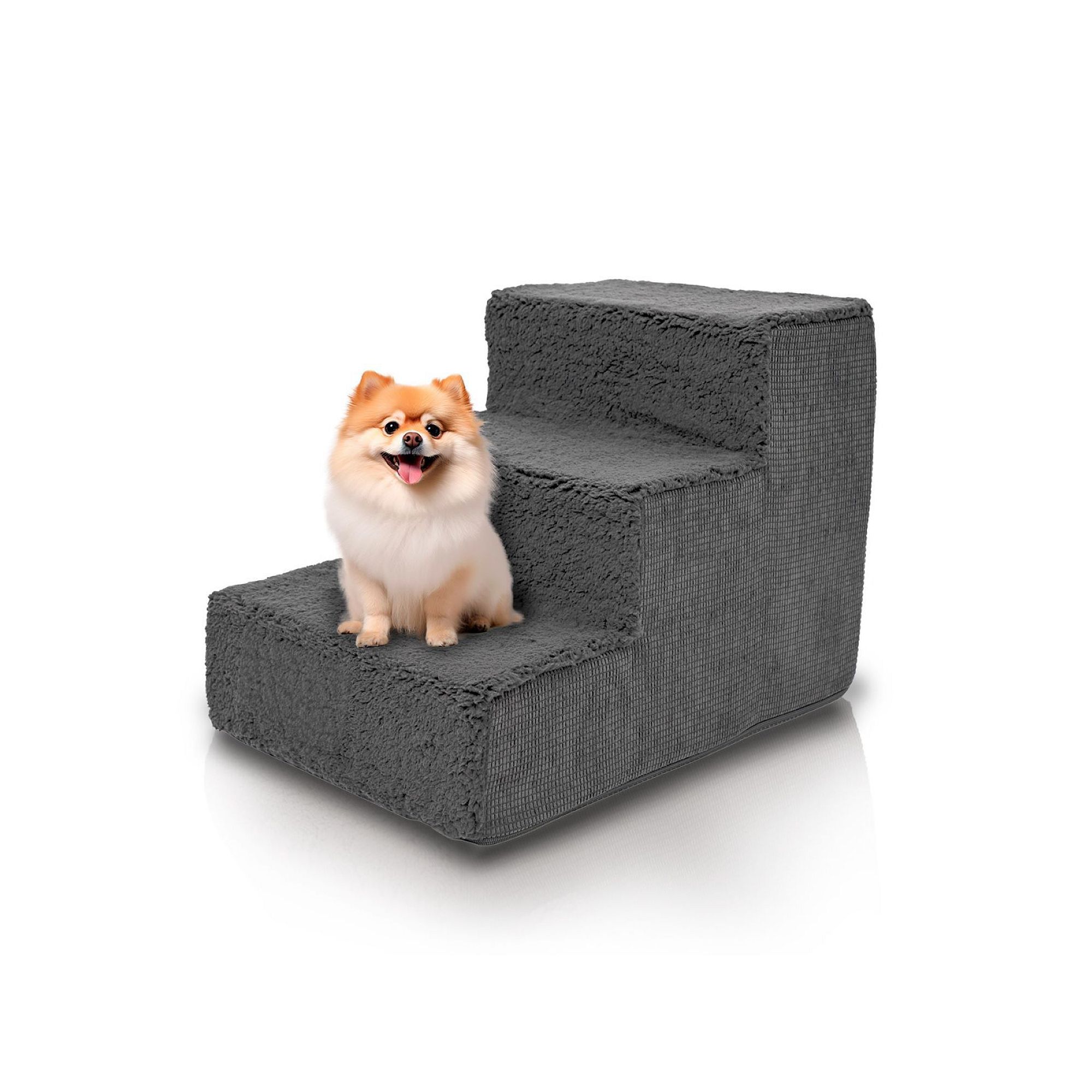 Precious Tails High Density Foam Sherpa 3 Steps Pet Stairs, Gray
