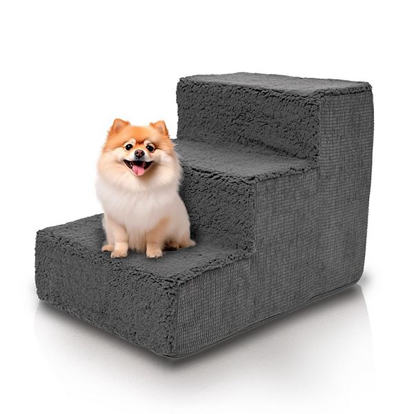 Precious Tails Faux Shearling High Density Foam Top Wide 3-Step Pet Stairs - Gray