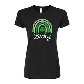 Juniors' "Lucky" Green Rainbow St. Patrick's Day Fitted Graphic Tee