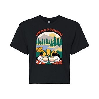 Disney's Mickey Mouse & Minnie Mouse & Pluto Juniors' Coffee Camping Cropped Tee
