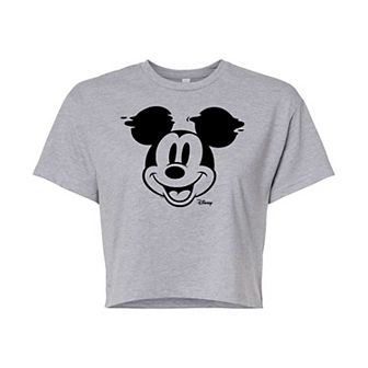 Disney's Mickey Mouse & Friends Juniors' Mickey Face Glitch Cropped Graphic Tee