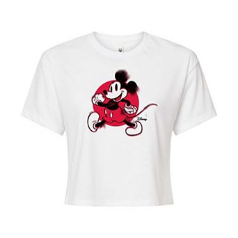 Disney's Mickey Mouse & Friends Juniors' Mickey Retro Glitch Cropped Graphic Tee