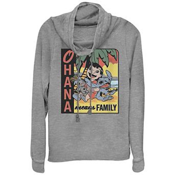 Disney's Juniors' Lilo & Stitch Ohana Means Family Cowlneck Graphic Lightweight Long Sleeve