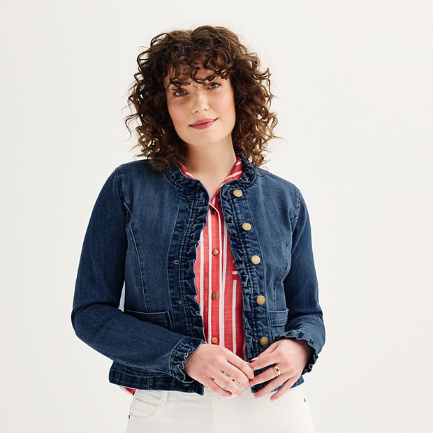 Jean jacket with ruffle shoulders best sale