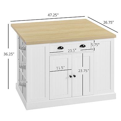 HOMCOM 47" Fluted Style Wooden Kitchen Island Kitchen Countertop Storage Cabinet with Drop Leaf Drawer Open Shelves Storage White