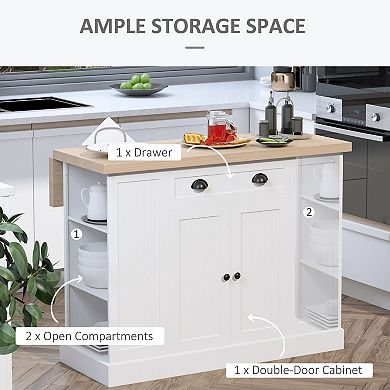 HOMCOM 47" Fluted Style Wooden Kitchen Island Kitchen Countertop Storage Cabinet with Drop Leaf Drawer Open Shelves Storage White