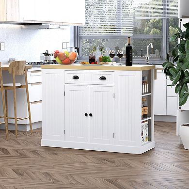 HOMCOM 47" Fluted Style Wooden Kitchen Island Kitchen Countertop Storage Cabinet with Drop Leaf Drawer Open Shelves Storage White