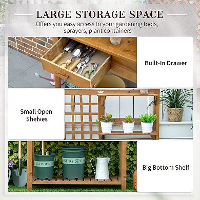 Potting Bench Table Work Bench Workstation W/ Tiers Of Shelves & Drawer Natural