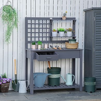 Potting Bench Table Work Bench Workstation W/ Tiers Of Shelves & Drawer Natural